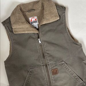 Sorel Duck Canvas Khaki Sherpa Fleece Lined Zip Vest Work Outdoors‎ Mens Small